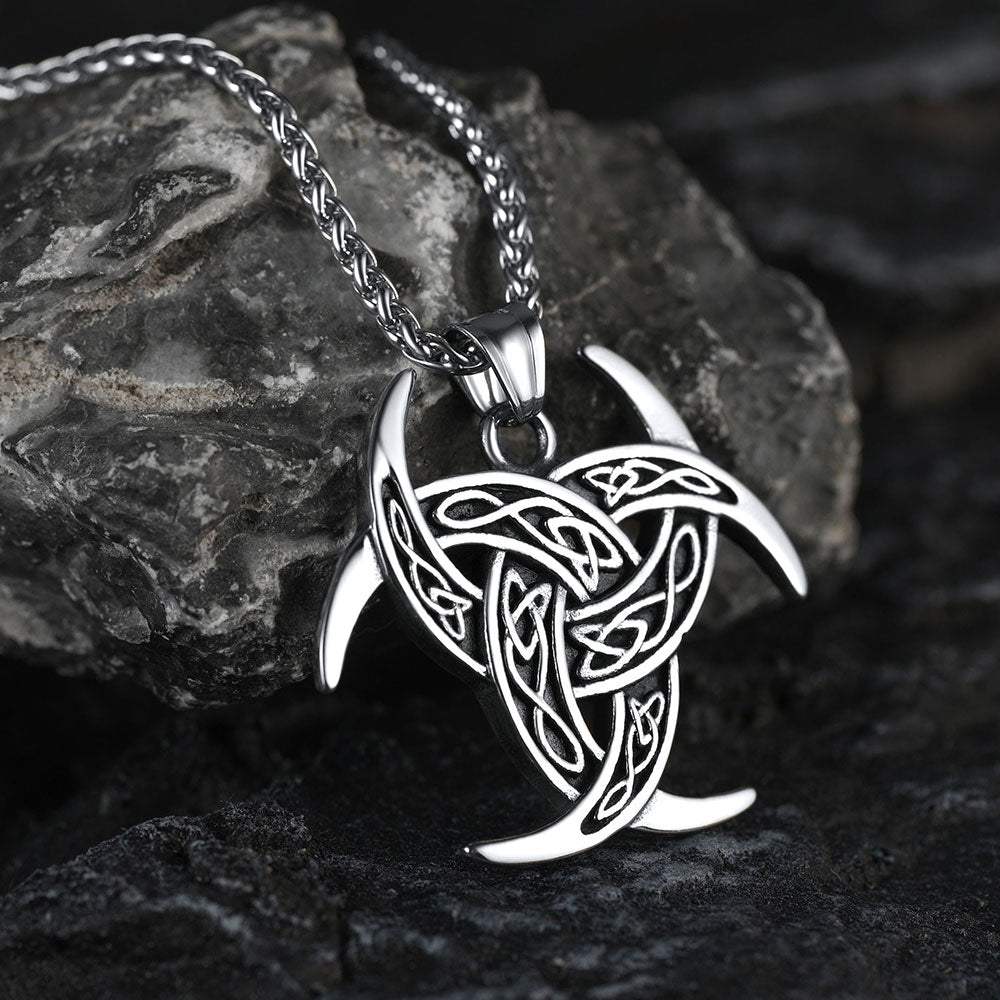 Viking Triple Horn of Odin Necklace Crescent Triquetra Charm Amuelt for Men