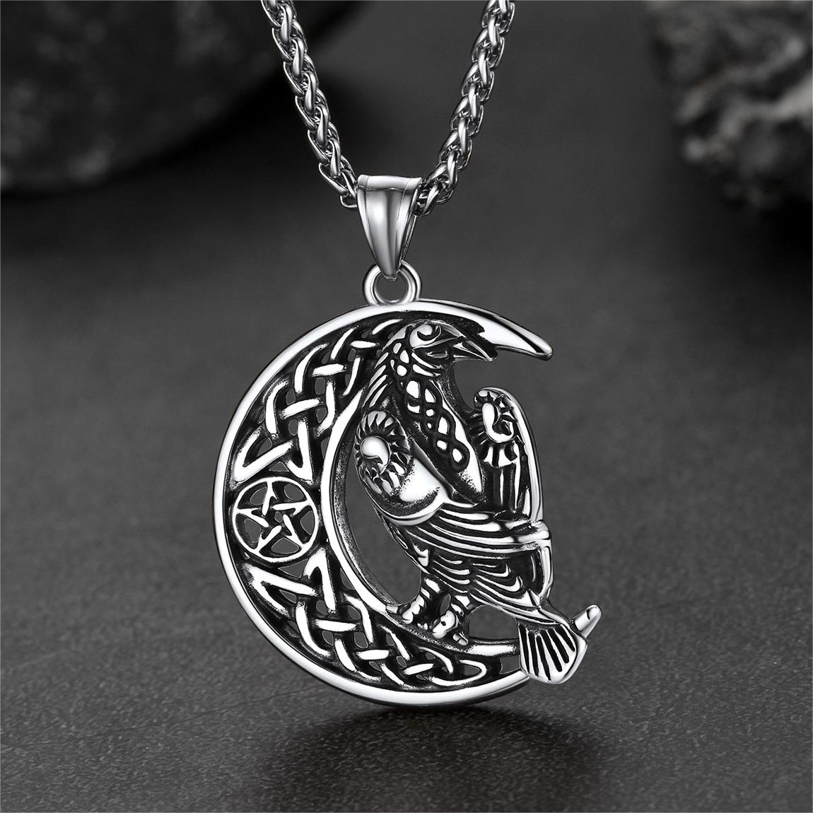 Celtic Crescent Moon Necklace With Odin Raven