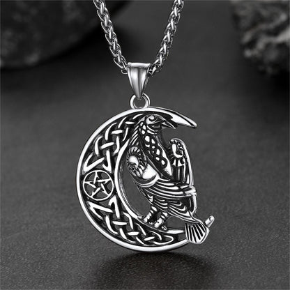 Celtic Crescent Moon Necklace With Odin Raven