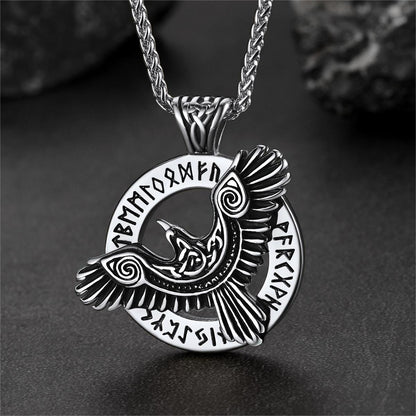 Viking Odin's Raven Necklace For Men With Runes
