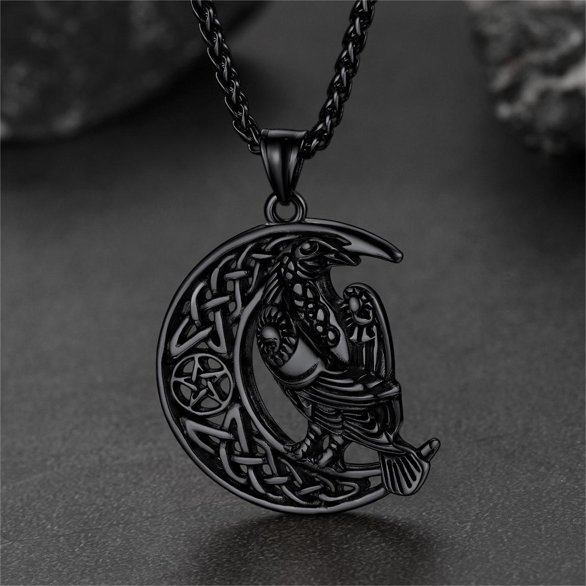 Celtic Crescent Moon Necklace With Odin Raven