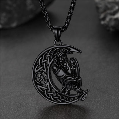 Celtic Crescent Moon Necklace With Odin Raven