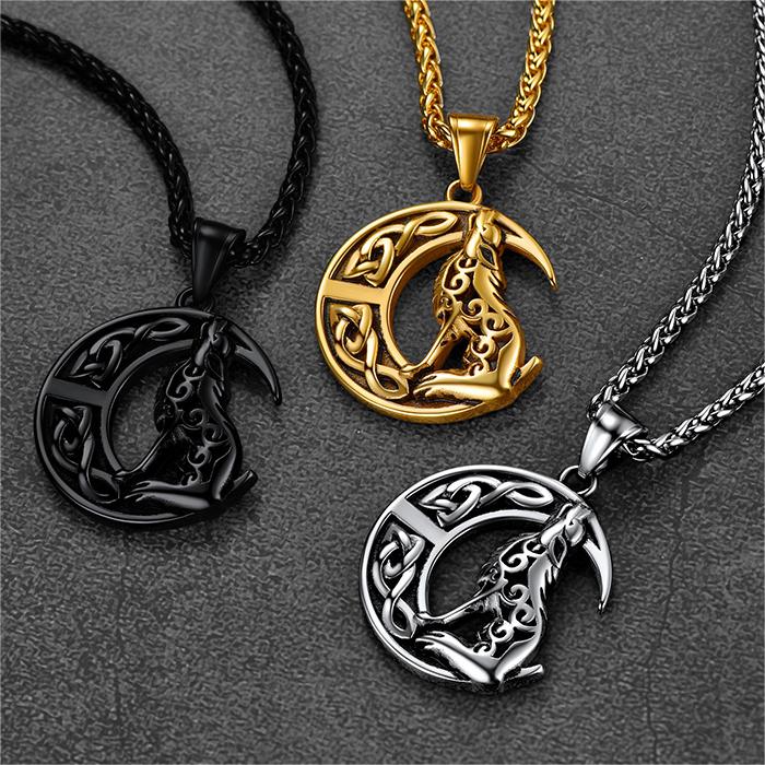 Viking Celtic Crescent Moon Wolf Necklace Pendant For Men