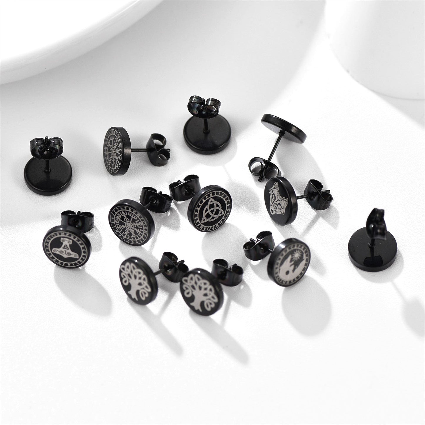 Viking Black Stud Earrings Set For Men 6 Pairs