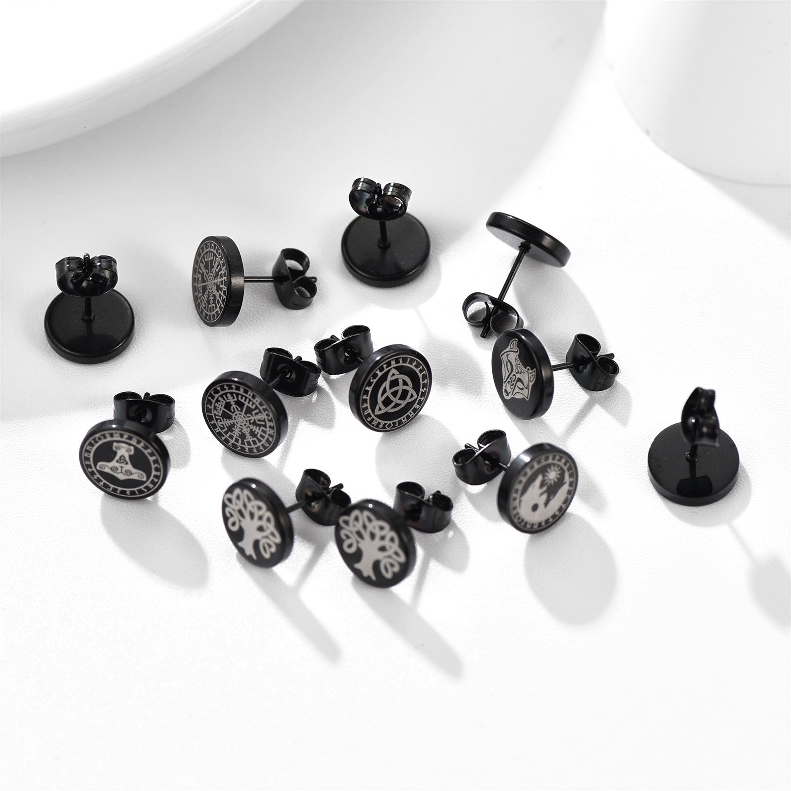 Viking Black Stud Earrings Set For Men 6 Pairs