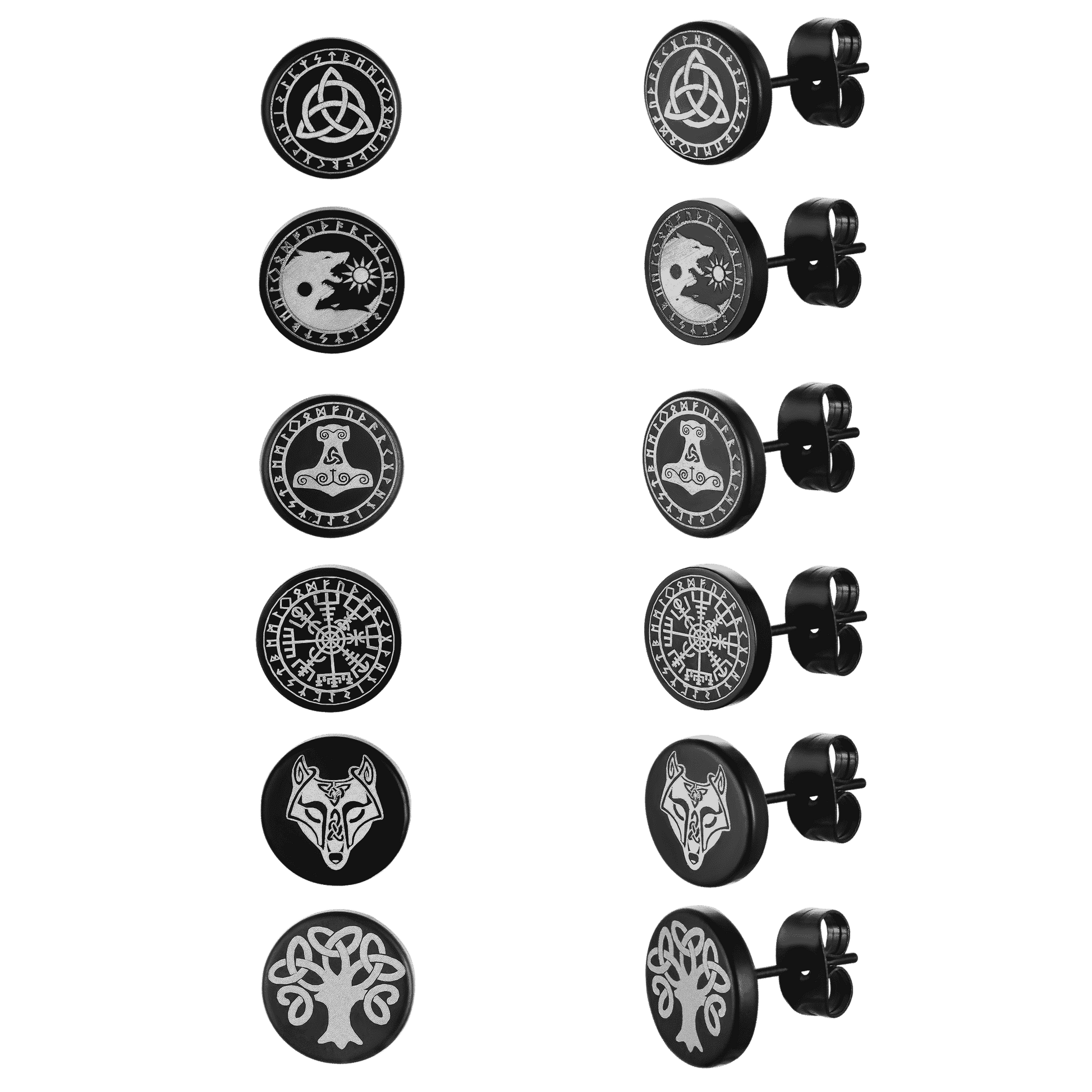Viking Black Stud Earrings Set For Men 6 Pairs