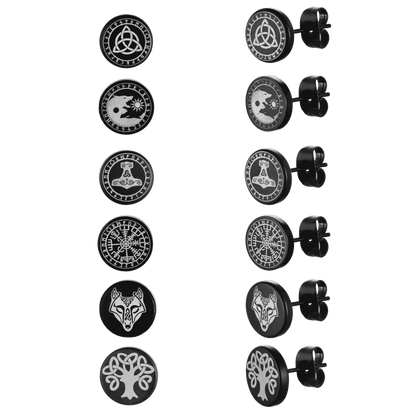 Viking Black Stud Earrings Set For Men 6 Pairs
