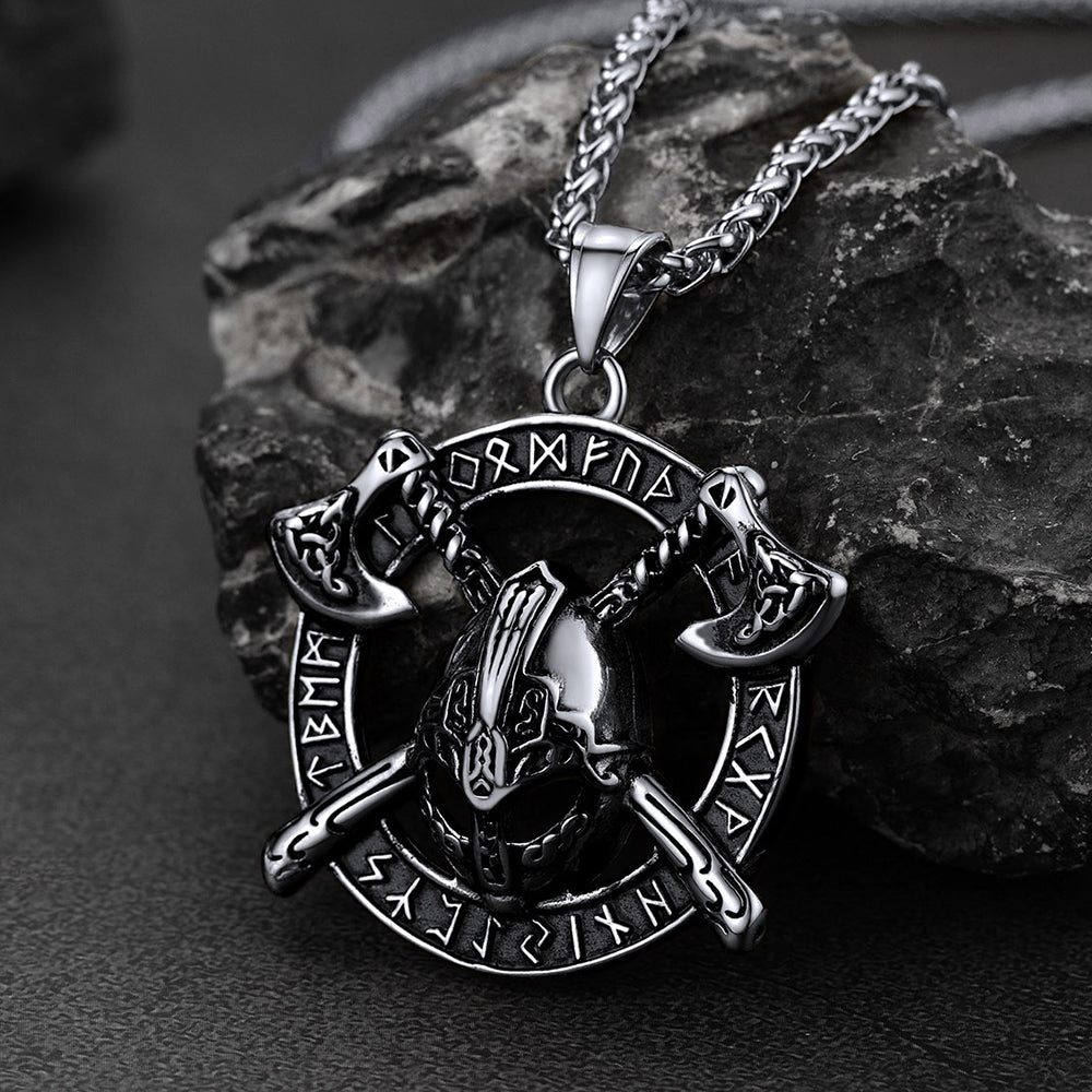 Viking Axe Helmet Pendant Necklace For Men With Runes