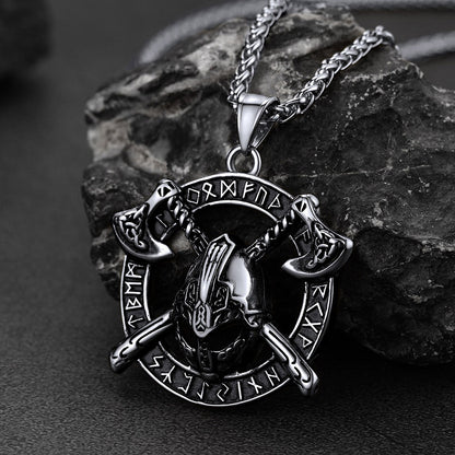 Viking Axe Helmet Pendant Necklace For Men With Runes