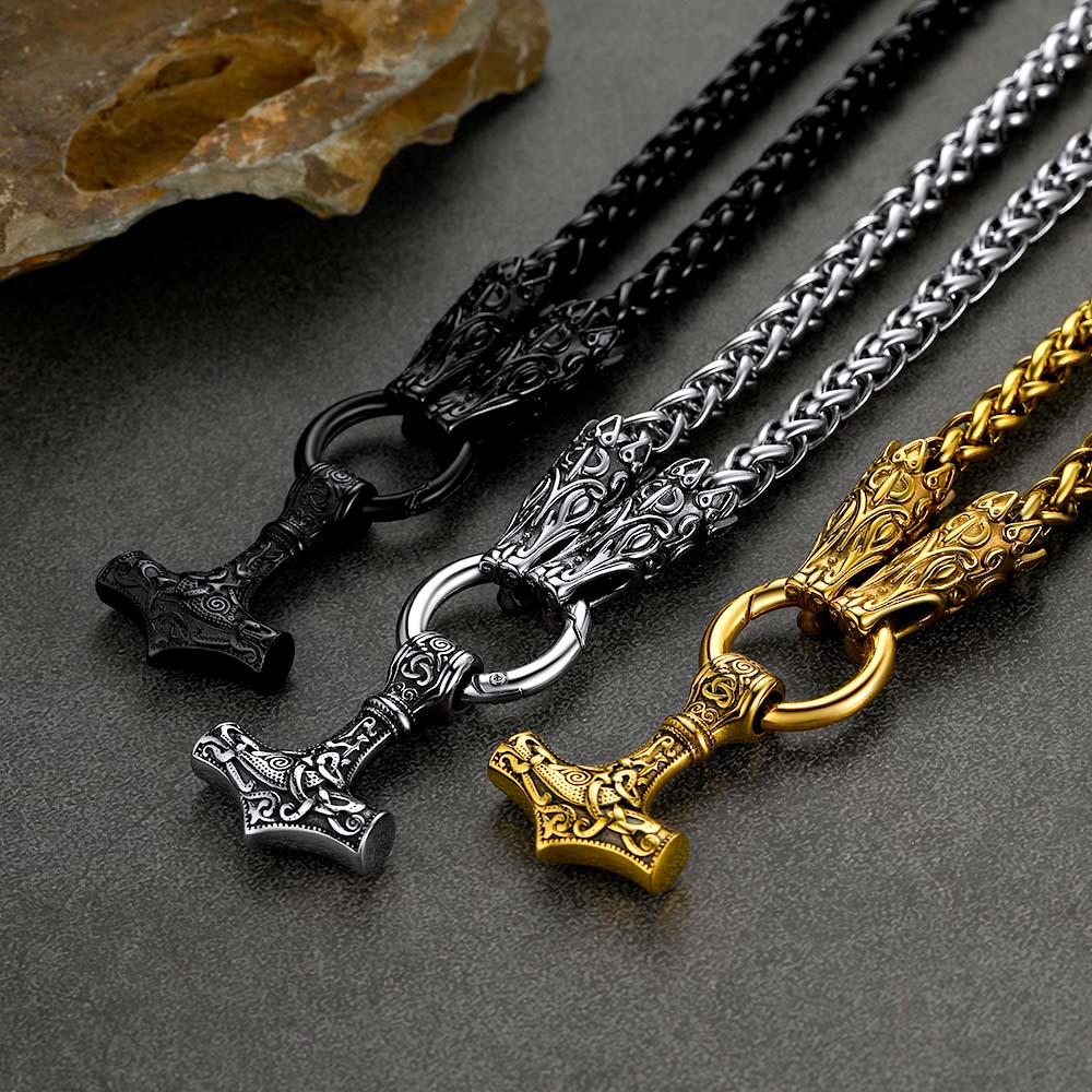 Viking Thor's Hammer Mjolnir Necklace For Men With Wolf Chain
