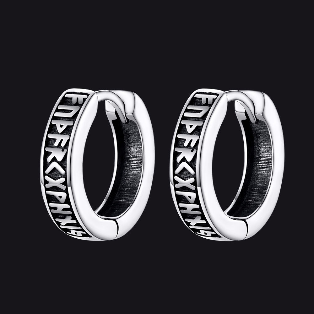 Norse Viking Runes Huggie Hoop Earrings in Sterling Silver