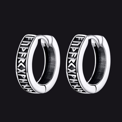 Norse Viking Runes Huggie Hoop Earrings in Sterling Silver