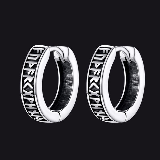 Norse Viking Runes Huggie Hoop Earrings in Sterling Silver