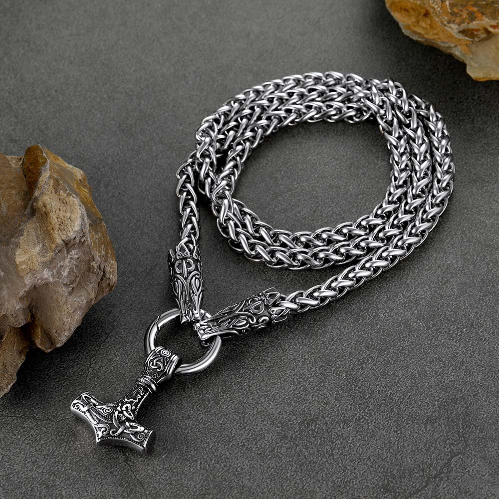 Viking Thor's Hammer Mjolnir Necklace For Men With Wolf Chain