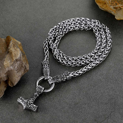 Viking Thor's Hammer Mjolnir Necklace For Men With Wolf Chain