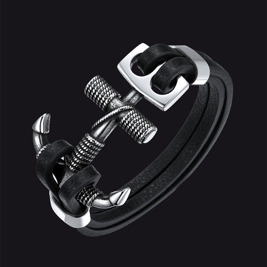 Viking Stainless Steel Anchor Black Leather Bracelet for Men