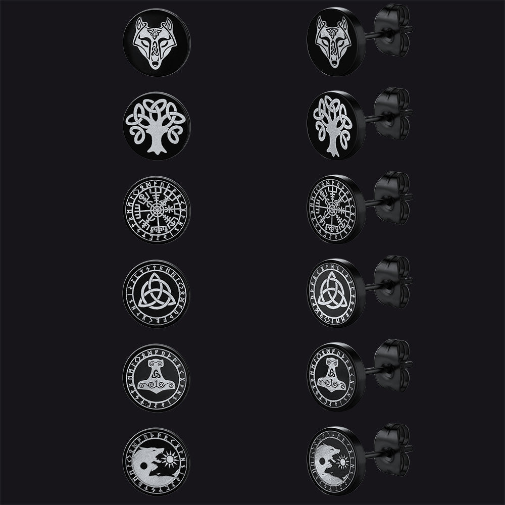 Viking Black Stud Earrings Set For Men 6 Pairs