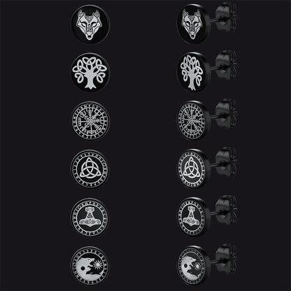 Viking Black Stud Earrings Set For Men 6 Pairs