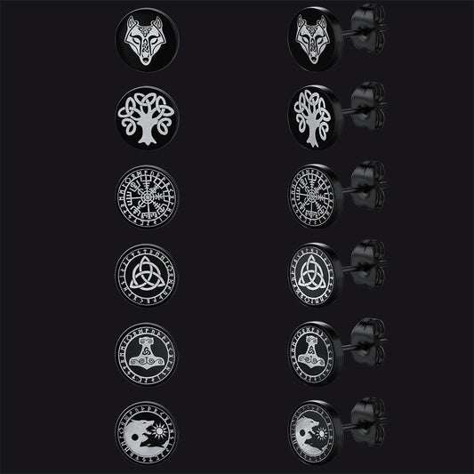 Viking Black Stud Earrings Set For Men 6 Pairs