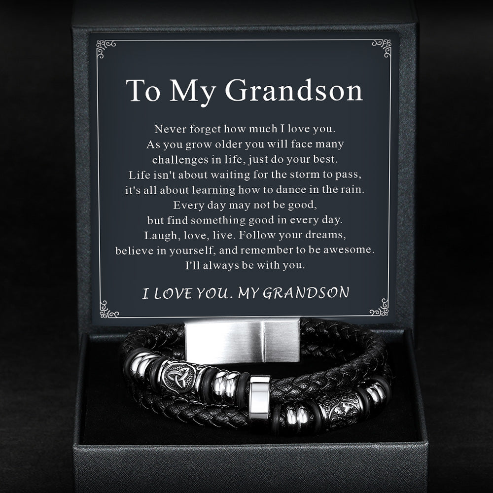 Engraved Viking Leather Braided Wristband Bracelet Gift for My Grandson