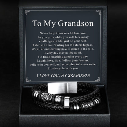 Engraved Viking Leather Braided Wristband Bracelet Gift for My Grandson