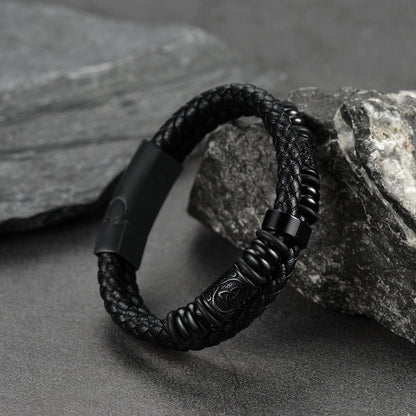 Viking Black Engraved Leather Braided Wristband Bracelet for Men