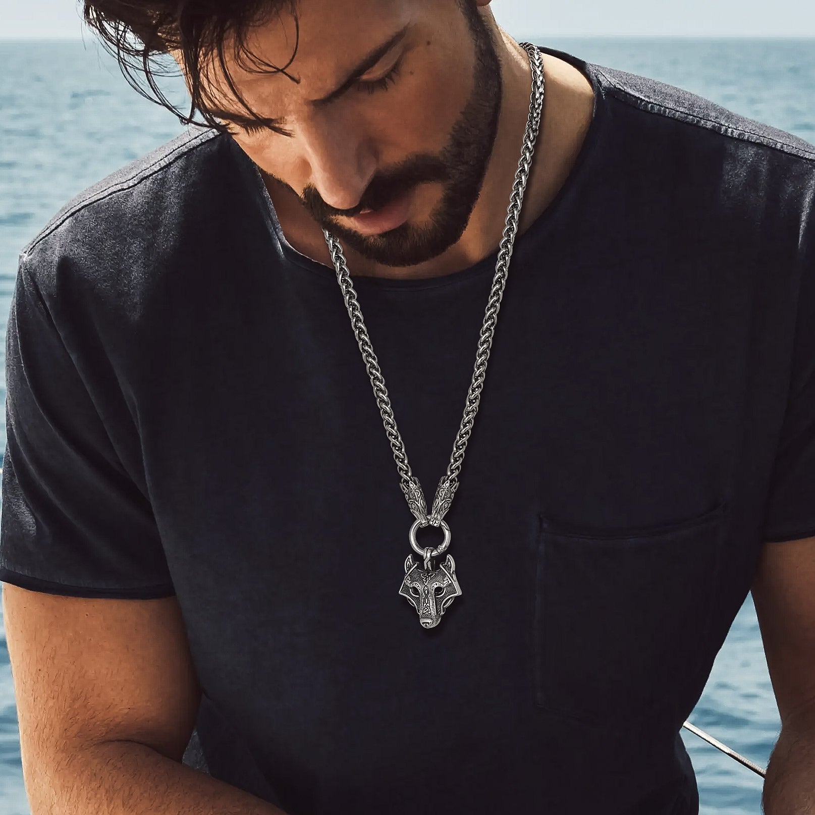 Viking Wolf Pendant Necklace With Wolf Rope Chain For Men