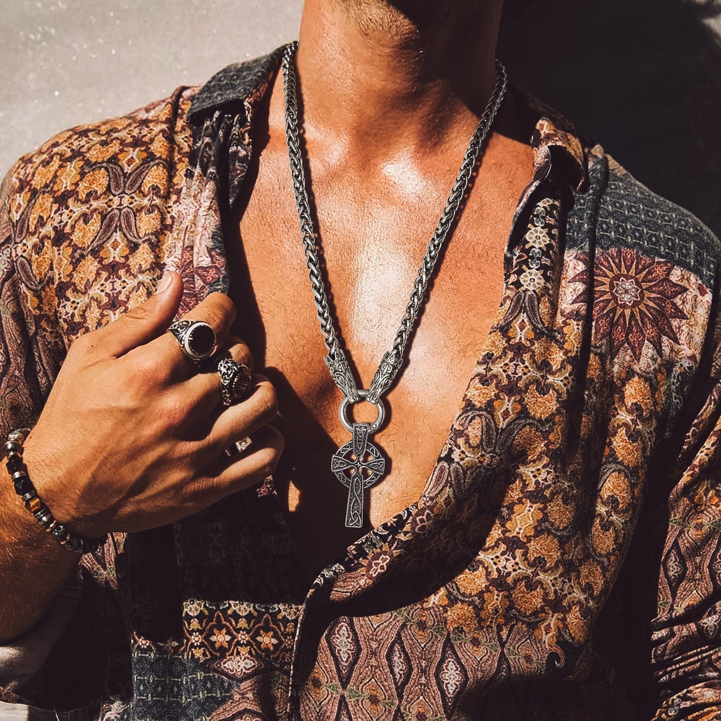 Celtic Knot Cross Necklace With Wolf Rope Chain For Men