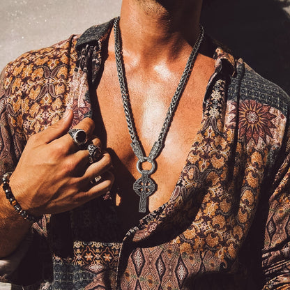 Celtic Knot Cross Necklace With Wolf Rope Chain For Men