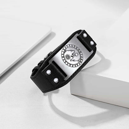 Viking Nordic Wolf Black Leather Bracelet Wristband for Men