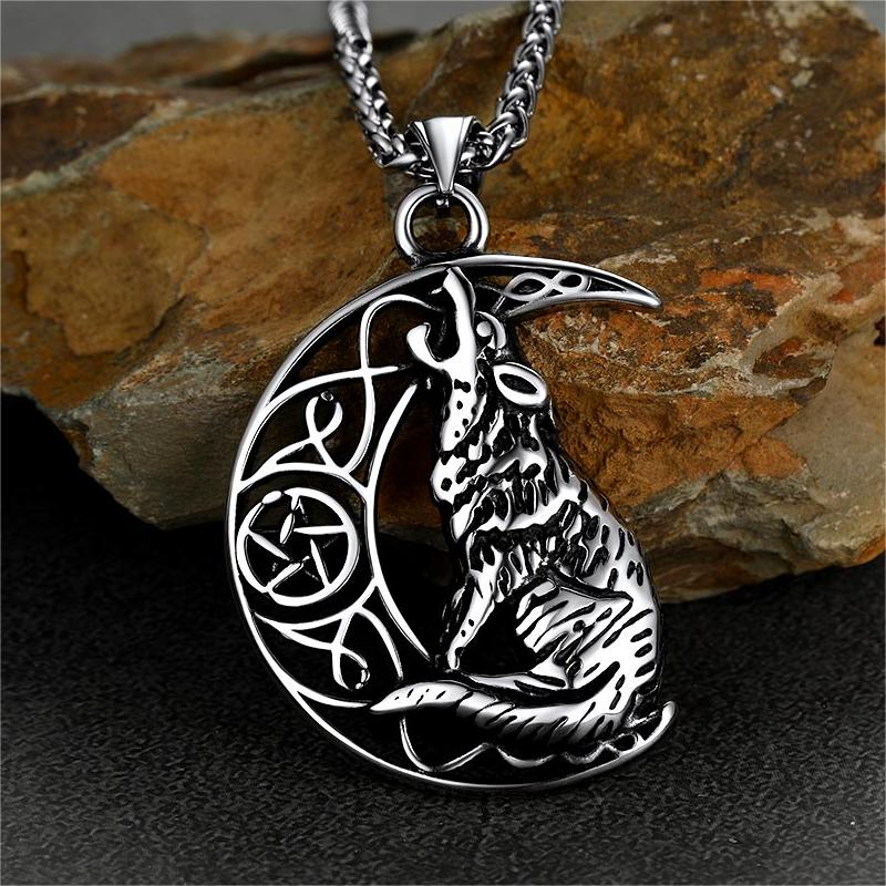 Viking Celtic Crescent Moon Wolf Necklace Jewelry for Men
