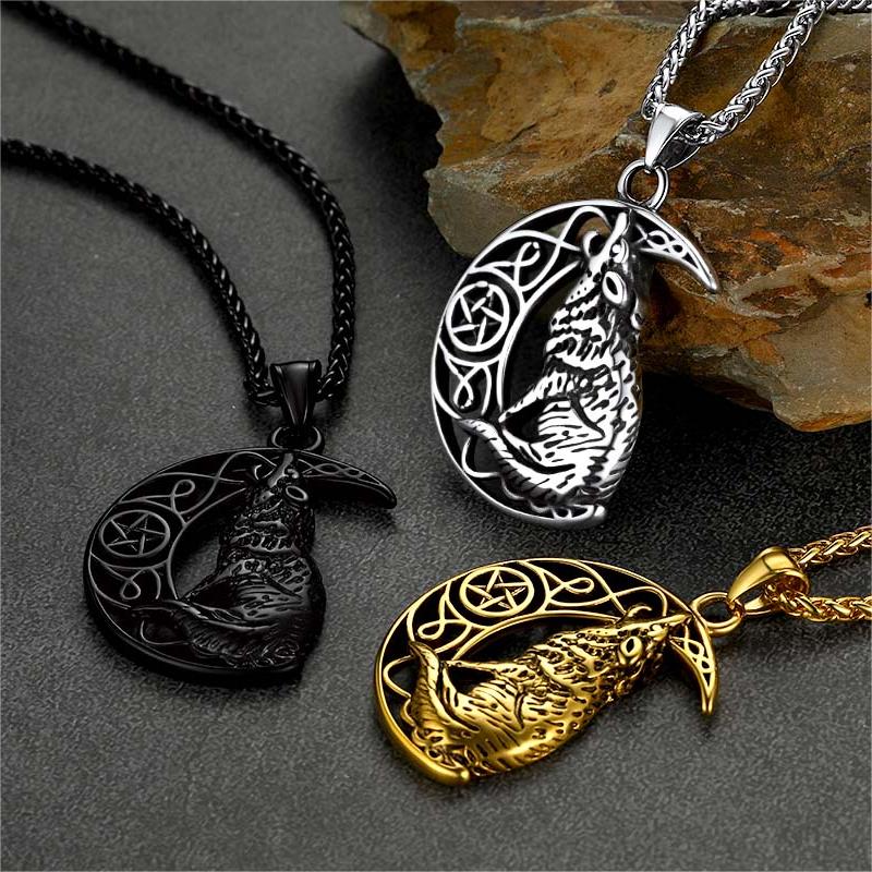 Viking Celtic Crescent Moon Wolf Necklace Jewelry for Men