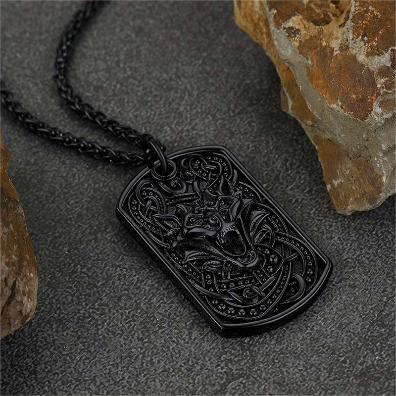 Engraved Viking Celtic Wolf Dog Tag Necklace for Men