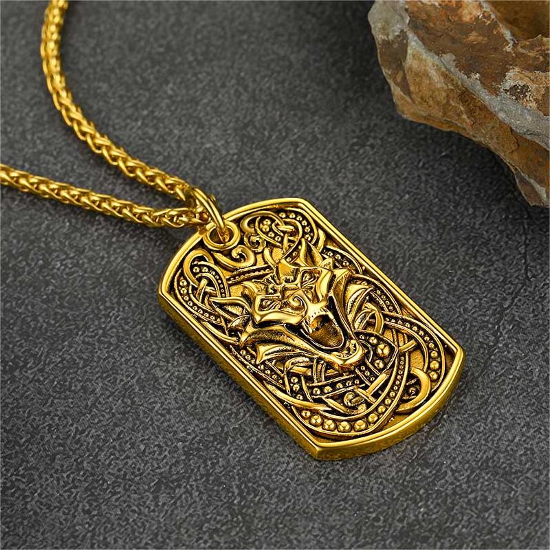 Engraved Viking Celtic Wolf Dog Tag Necklace for Men