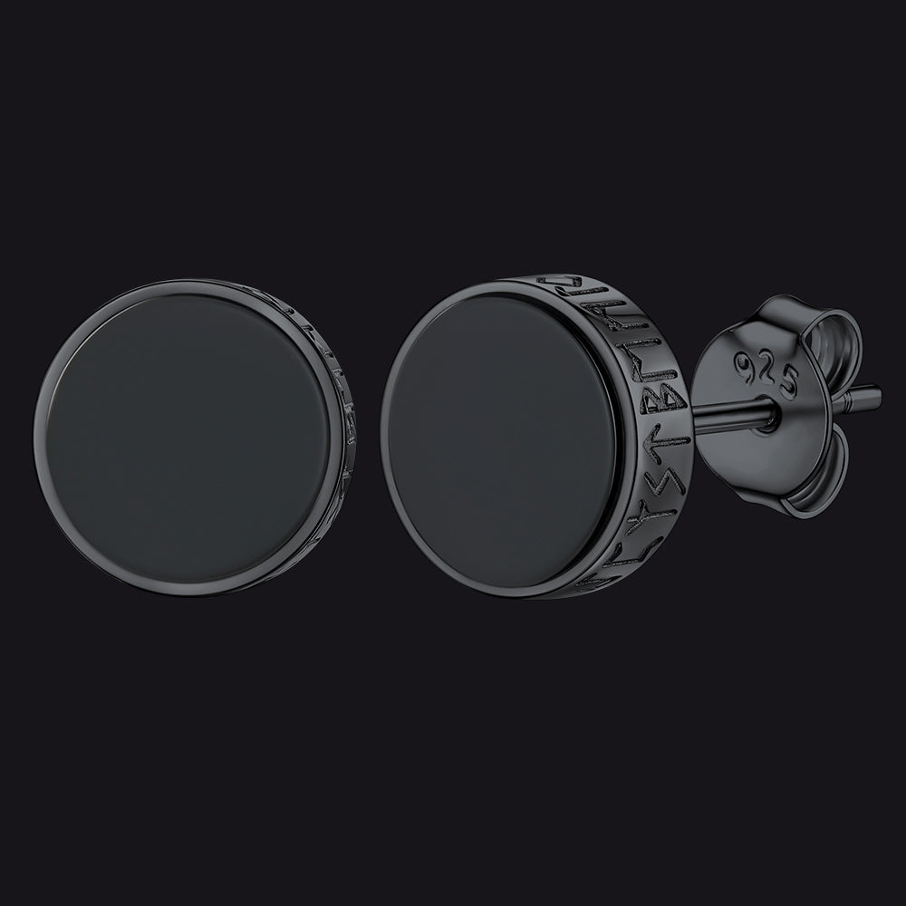 Sterling Silver Viking Runes Black Onyx Stud Earrings For Men