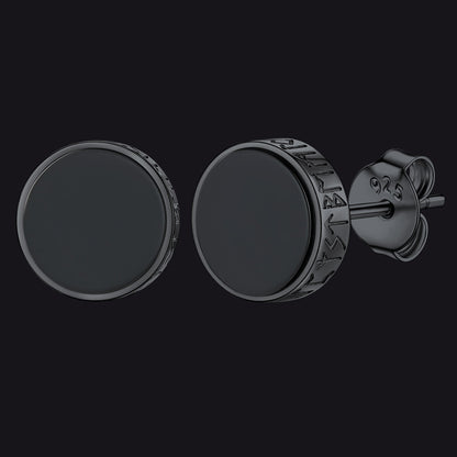 Sterling Silver Viking Runes Black Onyx Stud Earrings For Men