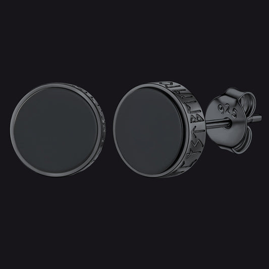 Sterling Silver Viking Runes Black Onyx Stud Earrings For Men