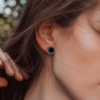 Viking Rune Black Onyx Stud Earrings in Sterling Silver for Men