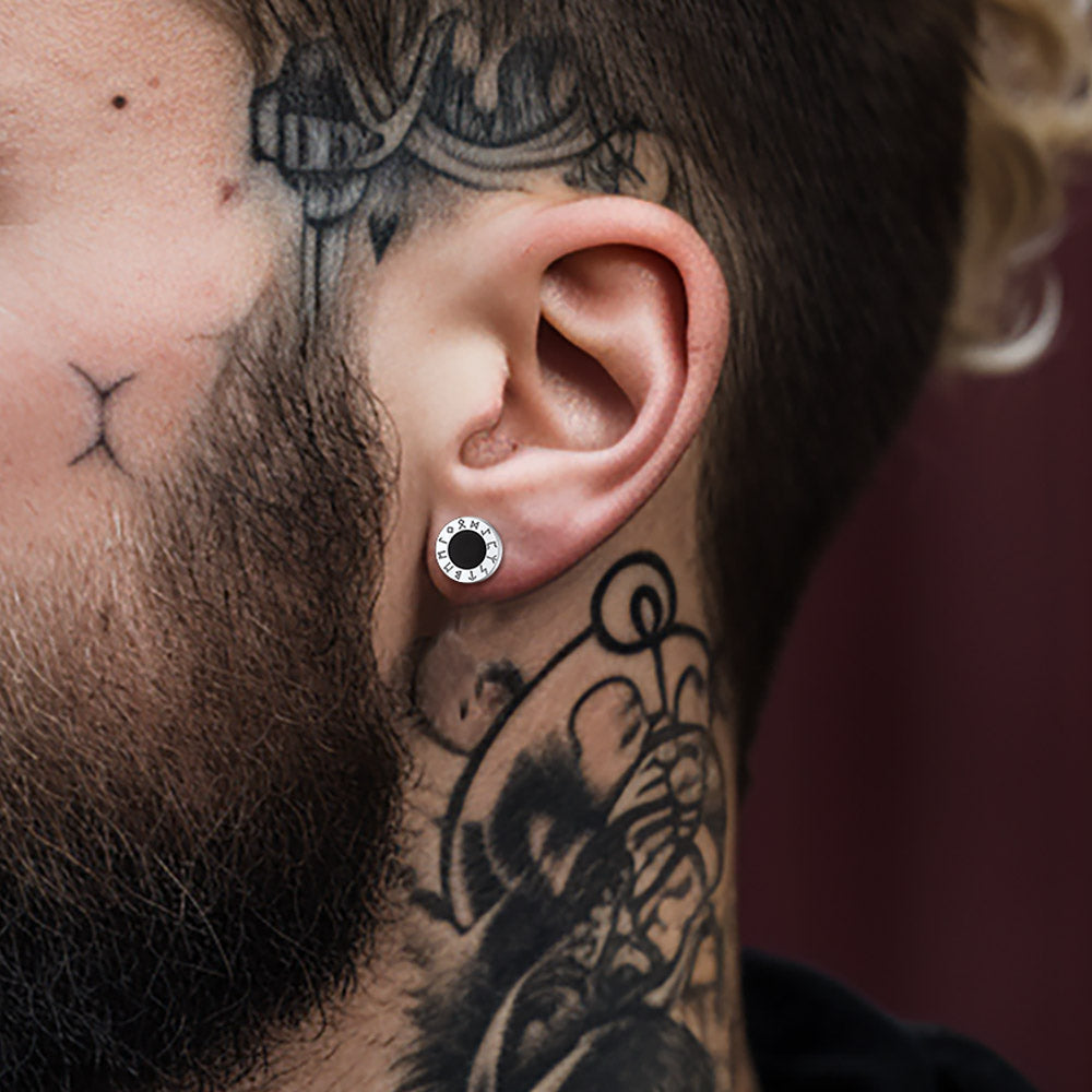 Black Onyx Stud Earrings With Viking Runes in Sterling Silver
