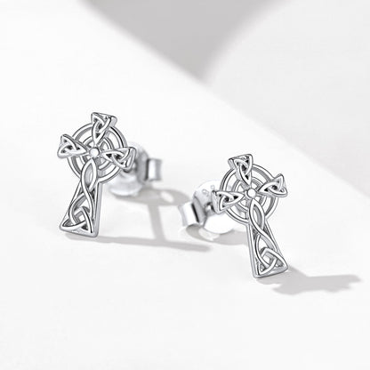 Silver Celtic Cross Stud Earrings for Women