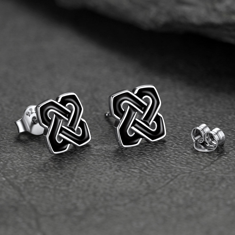 Black Celtic Knot Stud Earrings for Women in Silver