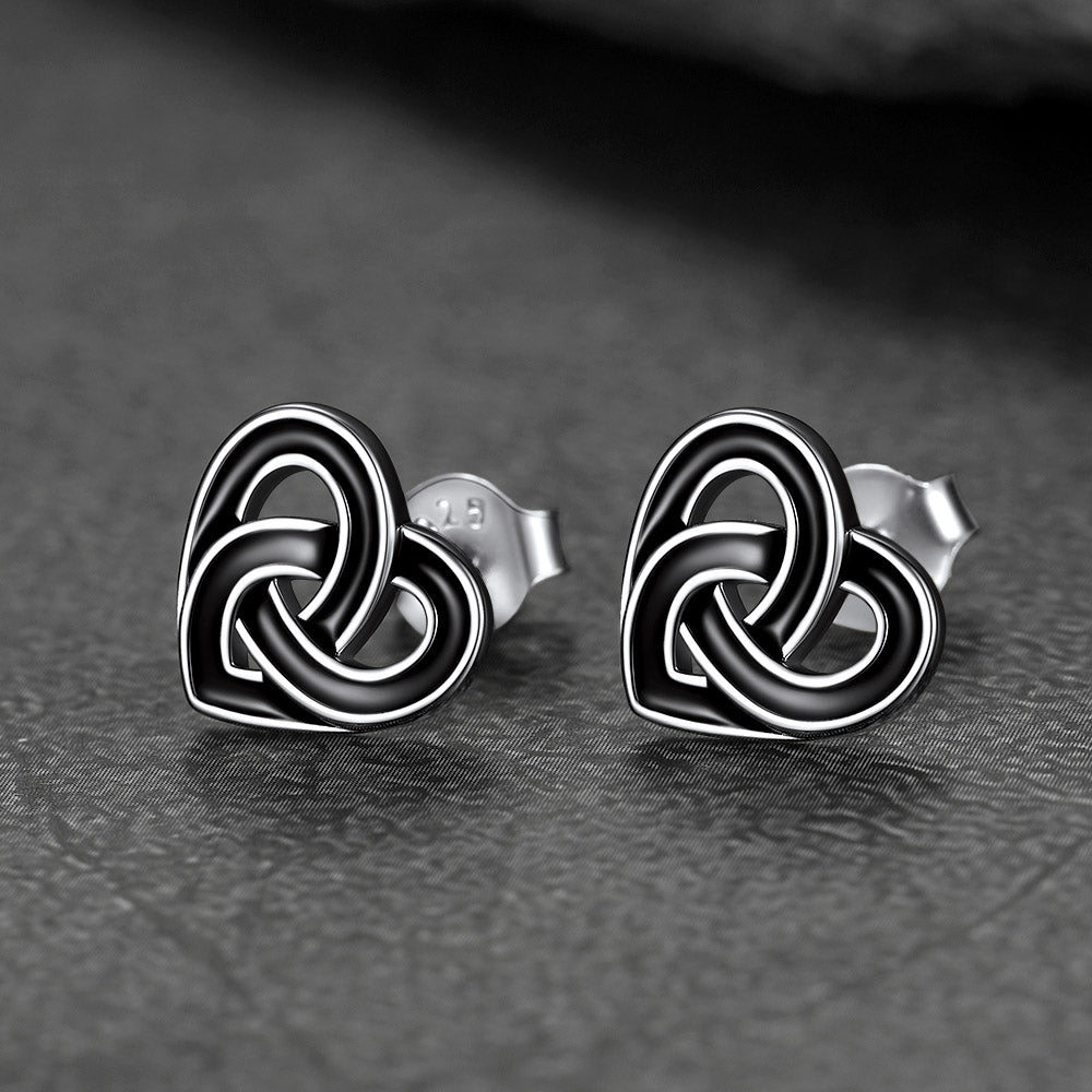 Black Celtic Heart Stud Earrings for Women in Silver