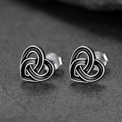 Black Celtic Heart Stud Earrings for Women in Silver