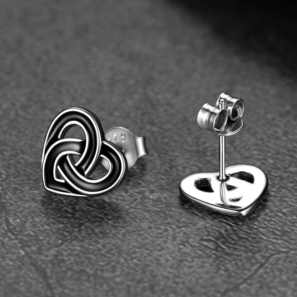 Black Celtic Heart Stud Earrings for Women in Silver