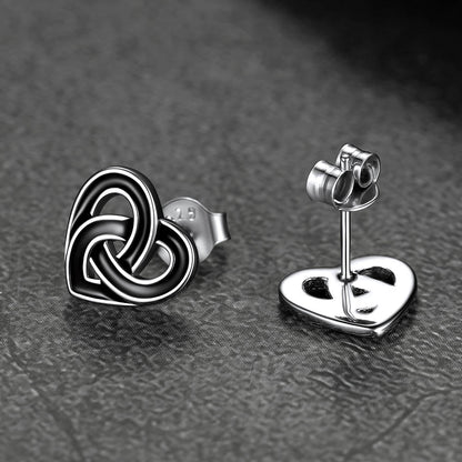 Black Celtic Heart Stud Earrings for Women in Silver