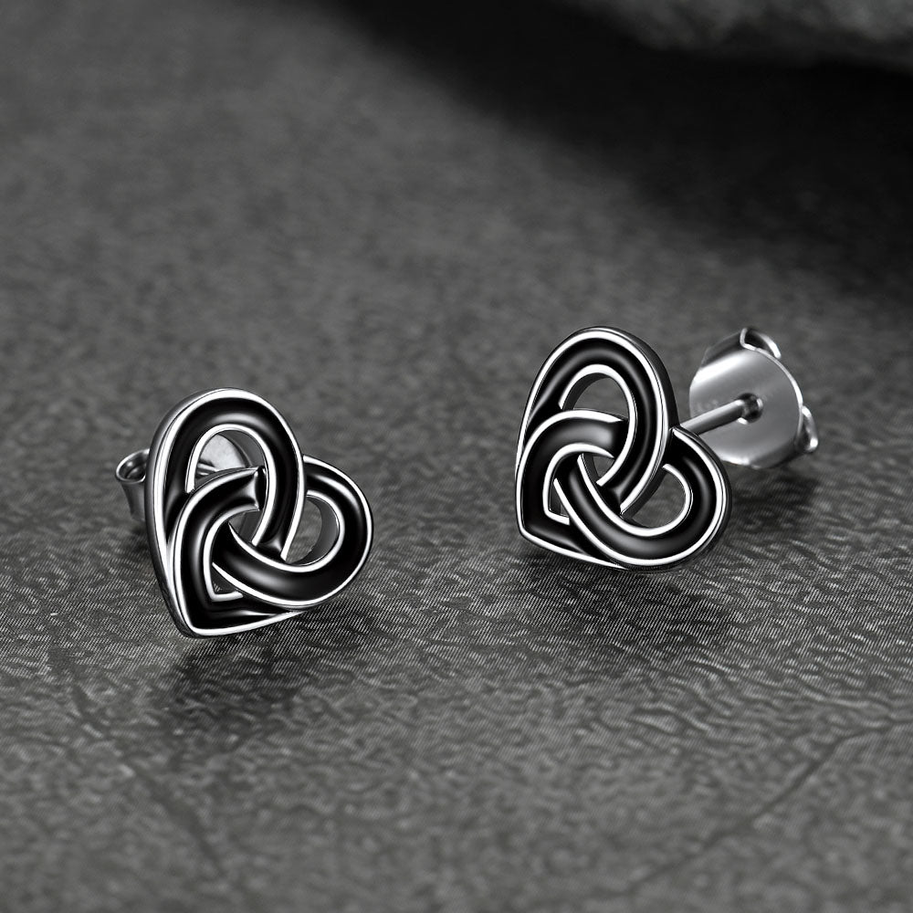 Black Celtic Heart Stud Earrings for Women in Silver