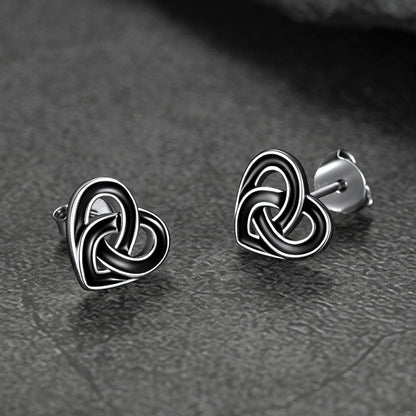 Black Celtic Heart Stud Earrings for Women in Silver