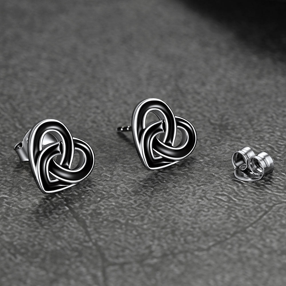 Black Celtic Heart Stud Earrings for Women in Silver