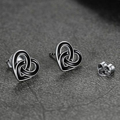 Black Celtic Heart Stud Earrings for Women in Silver