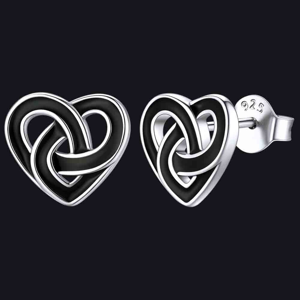 Black Celtic Heart Stud Earrings for Women in Silver